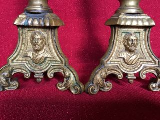 PAIR Antique 19th c French Ecclesiastical Bronze Candelabra W Jesus Mary Joseph 6