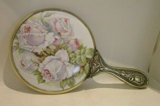 Art Nouveau Brass & Ceramic Hand Mirror