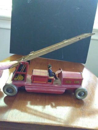 Vintage 1930s German Tin Fire Engine Ladder Truck w Firemen 5