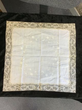 Exquisite Antique Wedding Handkerchief,  Hand Embroidered With Bobbin Lace Edging