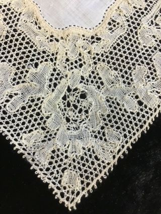 Exquisite antique wedding handkerchief,  hand embroidered with bobbin lace edging 3