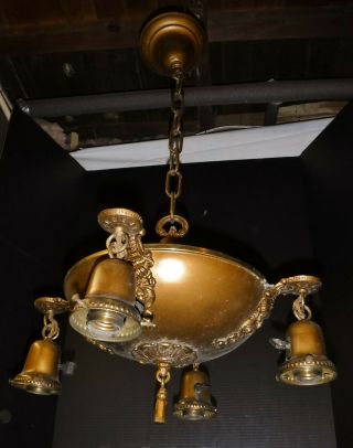 Antique Ornate Victorian Brass 4 Light Chandelier,  Canopy Hanging Light Fixture