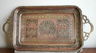Vintage Indian Oval Brass Serving Tray - Engraved Peacock Design