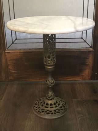 Vintage Filigree Brass And Marble Top Table Pedestal Plant Stand Side 18 " T 15 " W
