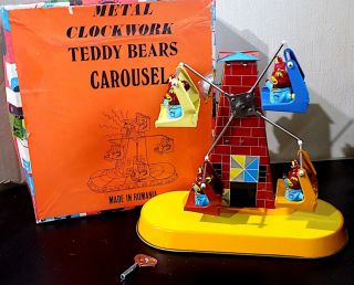 Tinplate Clockwork Teddy Bears Carousel Toy,  Made In Romania,  Nmib