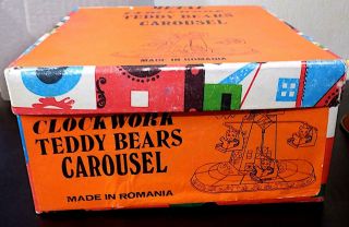 Tinplate Clockwork Teddy Bears Carousel Toy,  Made in Romania,  NMiB 6
