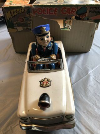 Vintage Tin B/opp Toy - Mystery Police Car - Nomura Japan Driver - & Box - 10 " -