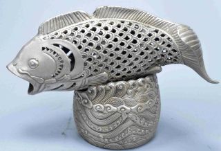 Collectable Old Ancient Miao Silver Carve Hollow Out Goldfish Use Incense Burner