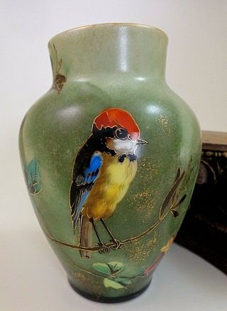 Antique Opaline Hand Painted Finch - Bird & Yellow Bell Floral Art Glass Vase