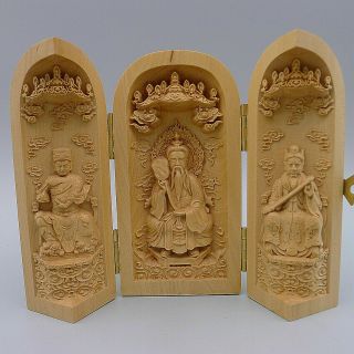 Wooden Buddhism Buddha Shrine Crafts Boxwood Hand Carved Foldable Three Open Box