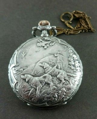 Antique Longines Sterling Silver.  900 49mm Pocket Watch.  A.  Maeder Dog Hunting