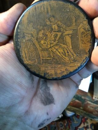 Early 19th Century Fancy Paper - mache Snuff Box With Scene Of Woman Reading 1830 2