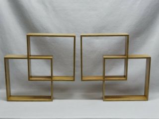 2 Mid Century Wall Shelves Intersecting Squares Light Stained Wood 14 3/4 " X 15 "