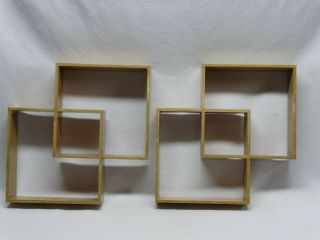 2 Mid Century Wall Shelves Intersecting Squares Light Stained Wood 14 3/4 