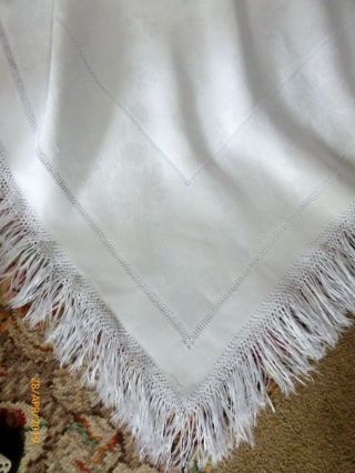 110 " X 88 " Victorian Fringed Tablecloth Double Linen Damask Perfect