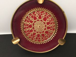 Vintage Art Deco Ash Tray Red W/ Gold Trim & Gold Lace - 5 5/8 "