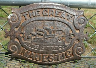 Antique Great Majestic Wood Stove Door Nameplate Cast - Iron