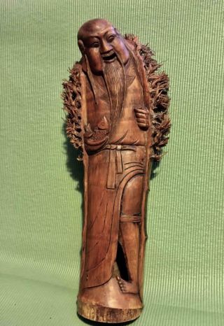Antique Chinese Rare Bamboo Root Hand Carved Statue Of Ancient Jiang Taigong