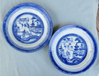 2 Chinese Export Canton Blue & White Plates