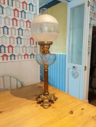 Victorian Brass & Clear Glass Duplex Oil Lamp.  Complete And Ready To Use.