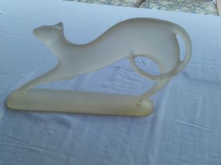 Mid Century Vintage Sculpture Art Deco Frosted Lucite Stretching Cat 1981 Signed