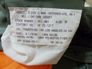 NWOT,  Vintage USAF Jacket Flyer ' s Man Intermediate MA - 1 Hal Industries,  Size M 3