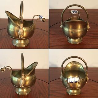 Vintage Brass Ash Coal Scuttle Bucket Lion Heads Delft Handles Copper Rivets