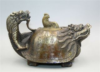 Chinese Brass Hand Carved Dragon Turtle Phoenix Lid Teapot W Kangxi Mark