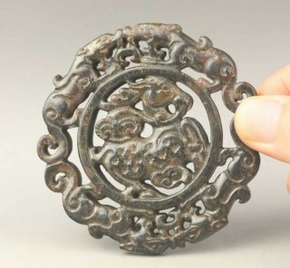 Chinese old natural jade hand - carved dragon and deer pendant 2.  8 inch 2