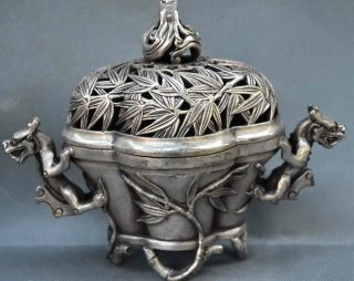 Collectable Miao Silver Carve Dragon Around Bamboo Tibet Ancient Incense Burners