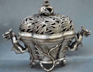 Collectable Miao Silver Carve Dragon Around Bamboo Tibet Ancient Incense Burners 2