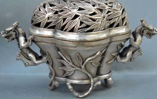 Collectable Miao Silver Carve Dragon Around Bamboo Tibet Ancient Incense Burners 3