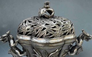 Collectable Miao Silver Carve Dragon Around Bamboo Tibet Ancient Incense Burners 4