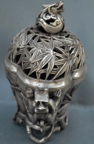 Collectable Miao Silver Carve Dragon Around Bamboo Tibet Ancient Incense Burners 5