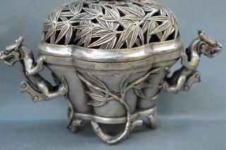 Collectable Miao Silver Carve Dragon Around Bamboo Tibet Ancient Incense Burners 6