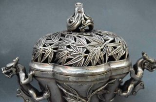 Collectable Miao Silver Carve Dragon Around Bamboo Tibet Ancient Incense Burners 7