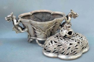 Collectable Miao Silver Carve Dragon Around Bamboo Tibet Ancient Incense Burners 8