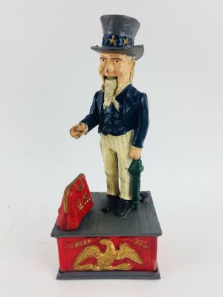 Antique Cast Iron Mechanical Bank Uncle Sam Hand Painted Patriotic