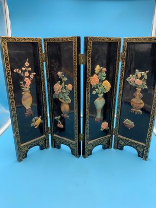 Vintage Asian Table Top Screen 18 " X 14 " Stone Carving Floral Vases Laquer Wood