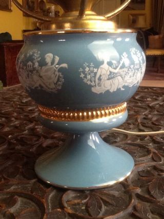 Vintage 1950 ' s Powder Blue Ceramic Small Oil Lamp Style Table Lamp Glass Shade 3