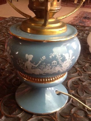 Vintage 1950 ' s Powder Blue Ceramic Small Oil Lamp Style Table Lamp Glass Shade 5