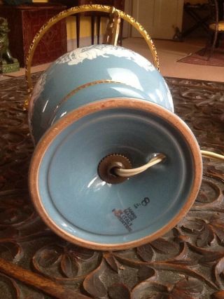 Vintage 1950 ' s Powder Blue Ceramic Small Oil Lamp Style Table Lamp Glass Shade 6