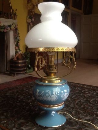 Vintage 1950 ' s Powder Blue Ceramic Small Oil Lamp Style Table Lamp Glass Shade 8