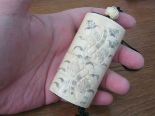 Large Hand Carved Bovine Bone Inro With Ojime With Scenes Of Dragonfly