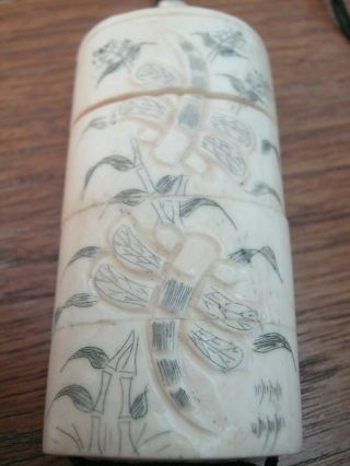 Large Hand Carved Bovine Bone Inro With Ojime With Scenes Of Dragonfly 3