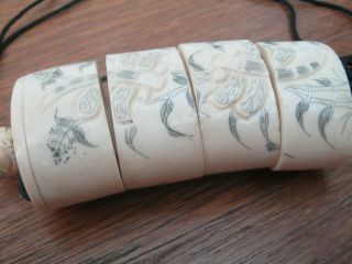 Large Hand Carved Bovine Bone Inro With Ojime With Scenes Of Dragonfly 4