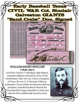 Early Baseball Texas Col.  Sinclair Galveston Giants “sand Crabs” Doc.  Signed