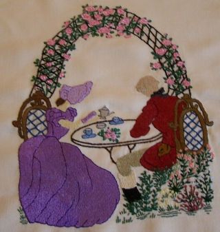 Large Vintage Hand Embroidered Picture Panel Crinoline Lady Gentleman
