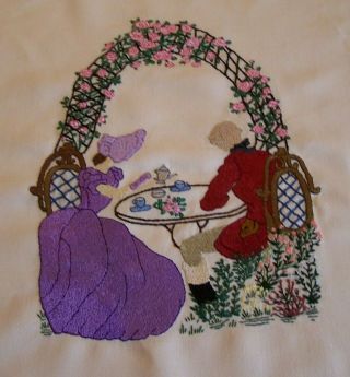 LARGE VINTAGE HAND EMBROIDERED PICTURE PANEL CRINOLINE LADY GENTLEMAN 2