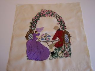 LARGE VINTAGE HAND EMBROIDERED PICTURE PANEL CRINOLINE LADY GENTLEMAN 3